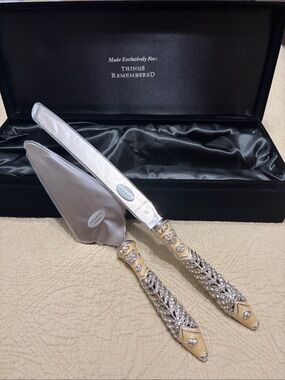 Things Remembered Stainless Steel Gold and Silver Crystal Cake Knife and Server